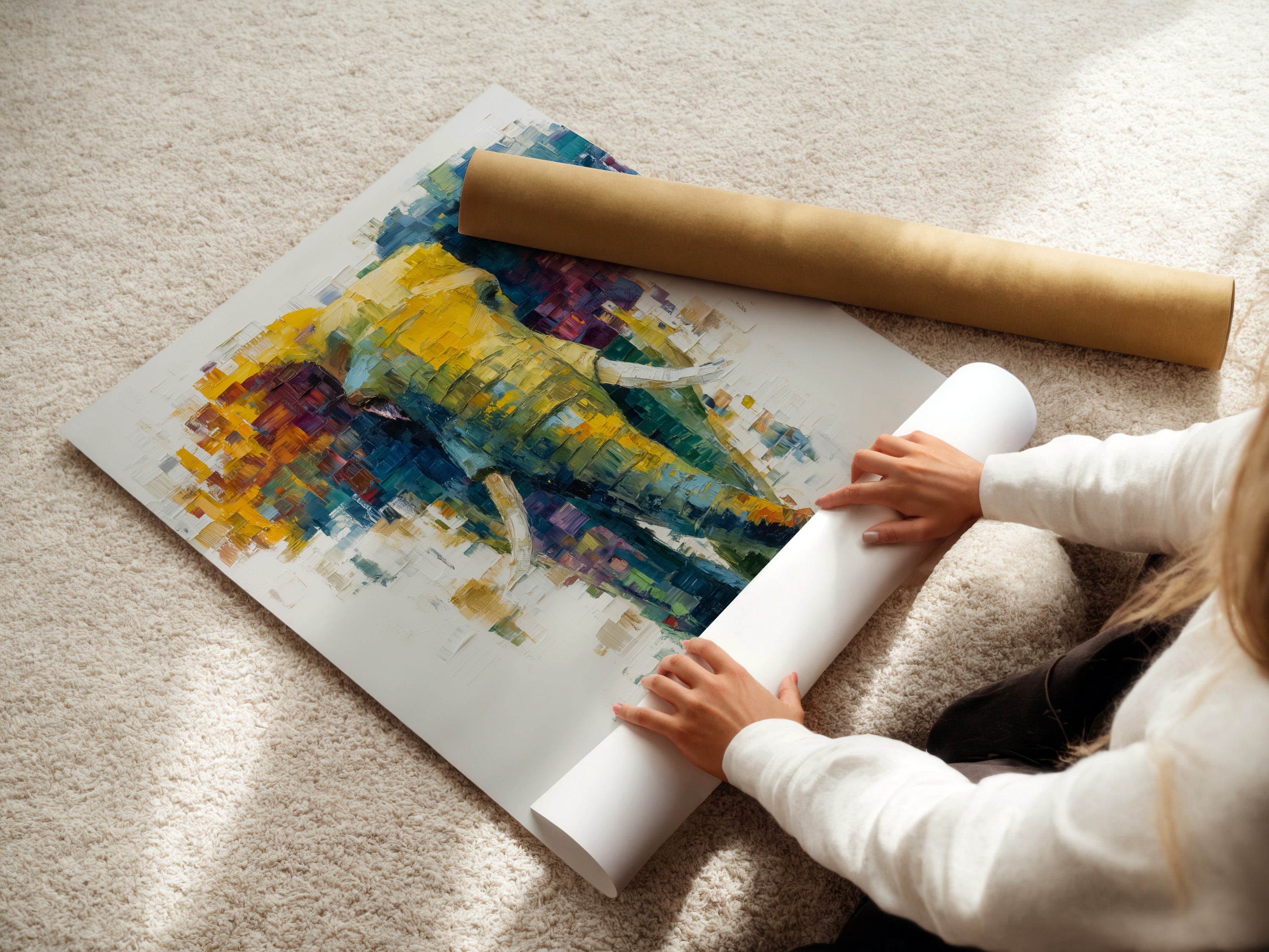 A woman is carefully rolling a fine art poster paper. The poster features an abstract elephant artwork ready for framing. High-quality materials ensure your wildlife prints look stunning and last for years.