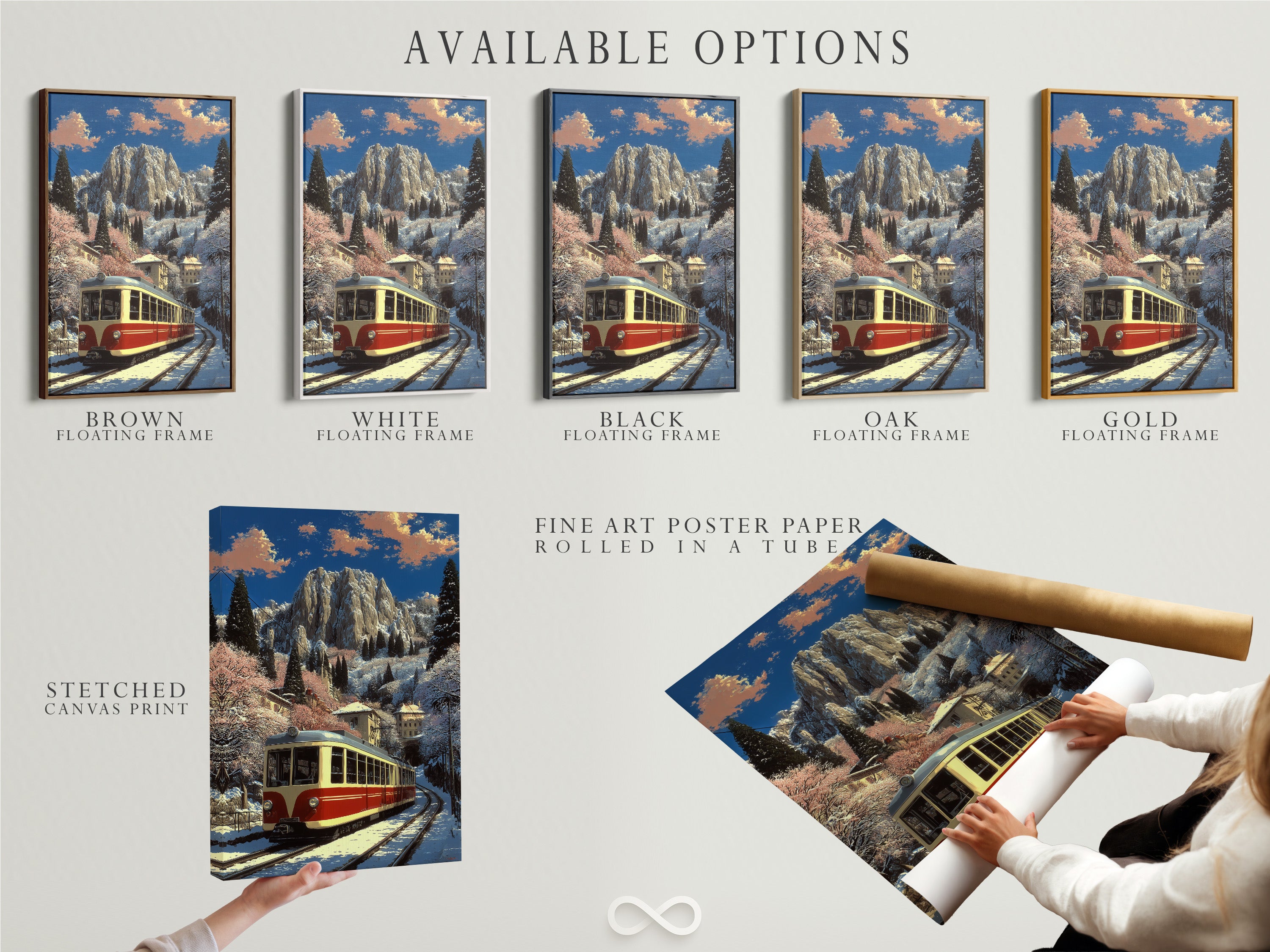 Available options for vintage train artwork are displayed. Choose from stretched canvas prints fine art poster paper or floating frames. Enhance your space with this alpine mountain railway art. Perfect for lodge style decor.