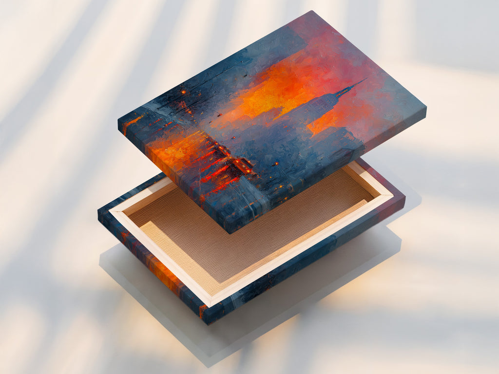 A stretched canvas print of the New York Cityscape artwork. The stretched canvas provides a gallery-quality look for this modern artwork. Perfect for creating a focal point in any room. The sunset wall art brings a touch of urban sophistication to your space.