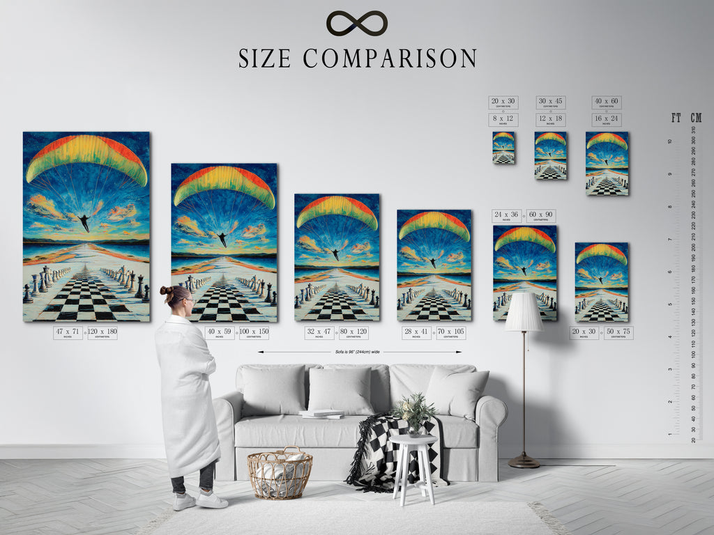 A size comparison chart is displayed in an interior setting. It showcases the various dimensions available for the chess skydiving artwork. This helps homeowners visualize the perfect fit for their modern wall decor needs.