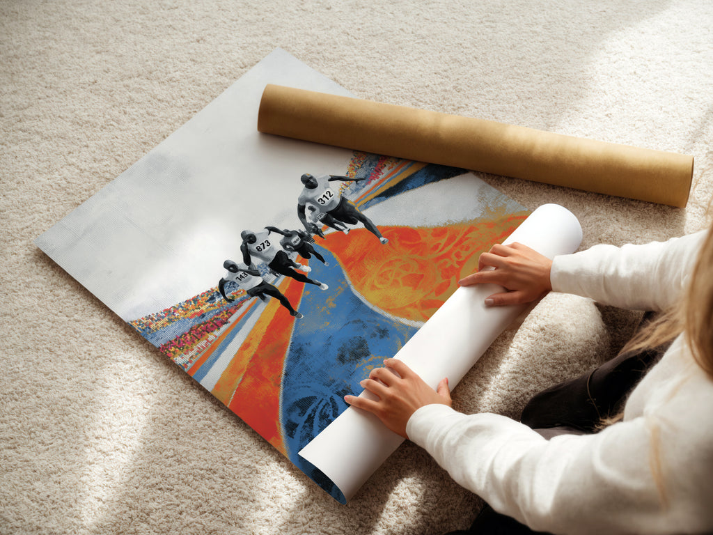 A woman is carefully rolling a fine art poster paper. This highlights the quality and care in handling artwork. The marathon runners artwork is available as a fine art poster. Perfect for adding sports motivation to your home or office.