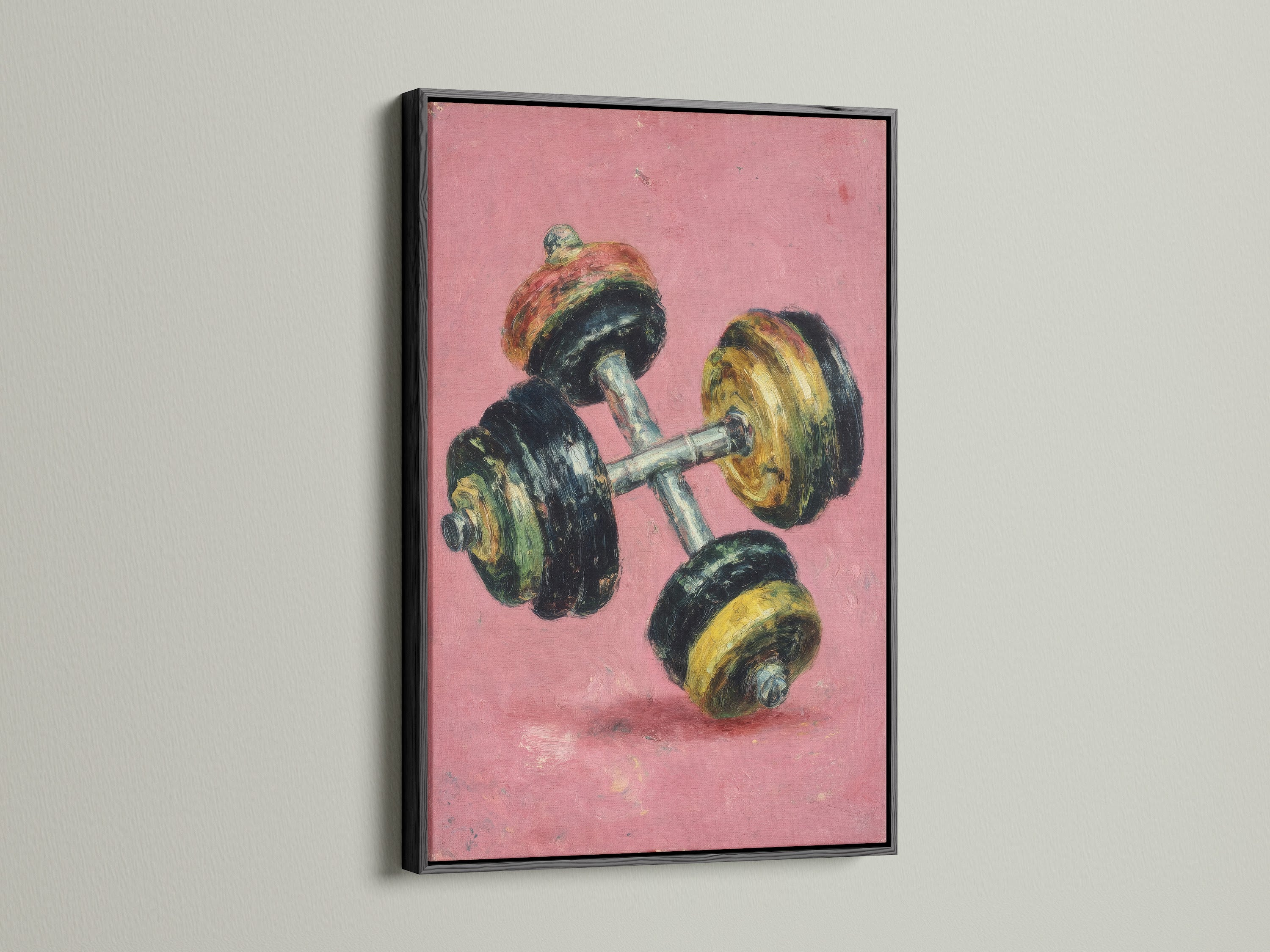 A black frame highlights this vintage dumbbell artwork print. The mid-century style and pink color provide a retro touch. Ideal for home gym decor or fitness studio art. Motivate your workouts with this unique canvas.