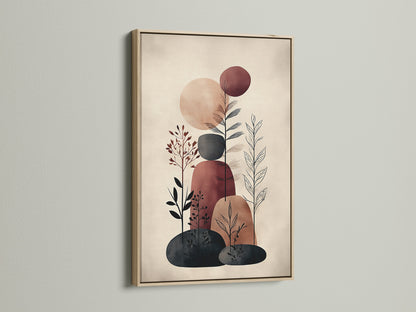 A close up of an oak frame enhances this abstract botanical art print. The frame adds warmth to the minimalist artwork. Perfect for earth tone decor in modern spaces. Elevate your office wall art or living room with this stylish plant canvas.