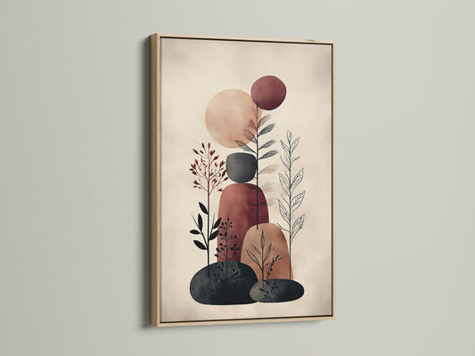 Abstract botanical canvas art in an oak frame. The artwork uses beige and brown tones. Perfect for creating a relaxing atmosphere in any room. Add a touch of bohemian style with this framed wall art. This is a great choice for your bedroom living room or office.