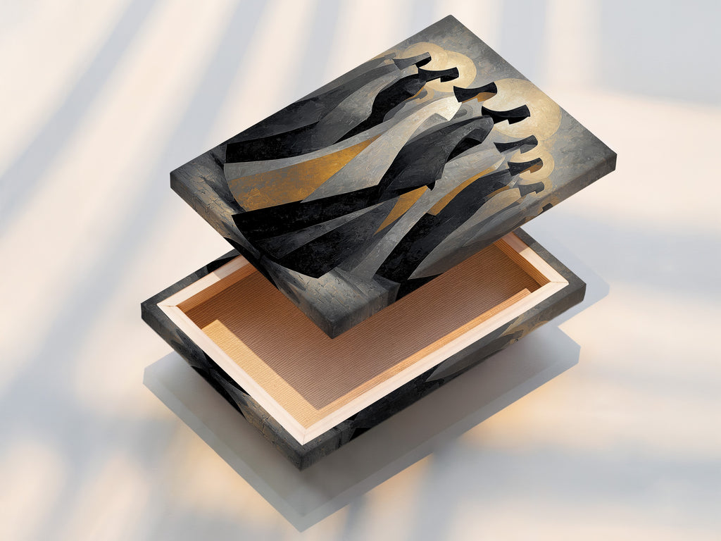 A stretched canvas print featuring the abstract hooded figures. The canvas showcases the modern minimalist art. It is ready to hang and enjoy. This print adds a contemporary touch to any space.