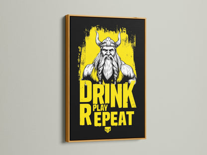 A Viking Warrior Canvas Print is shown with a luxurious gold frame. This Nordic mythology art elevates any man cave decor. The gold frame adds a touch of opulence. It highlights the warrior print's intricate details. This artwork is a standout decorative item.