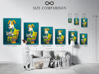 A size comparison chart is displayed in an interior setting. This shows the various sizes available for the 'Dog on Toilet' artwork. Helping you choose the perfect fit for your space. Ensure your artwork fits.
