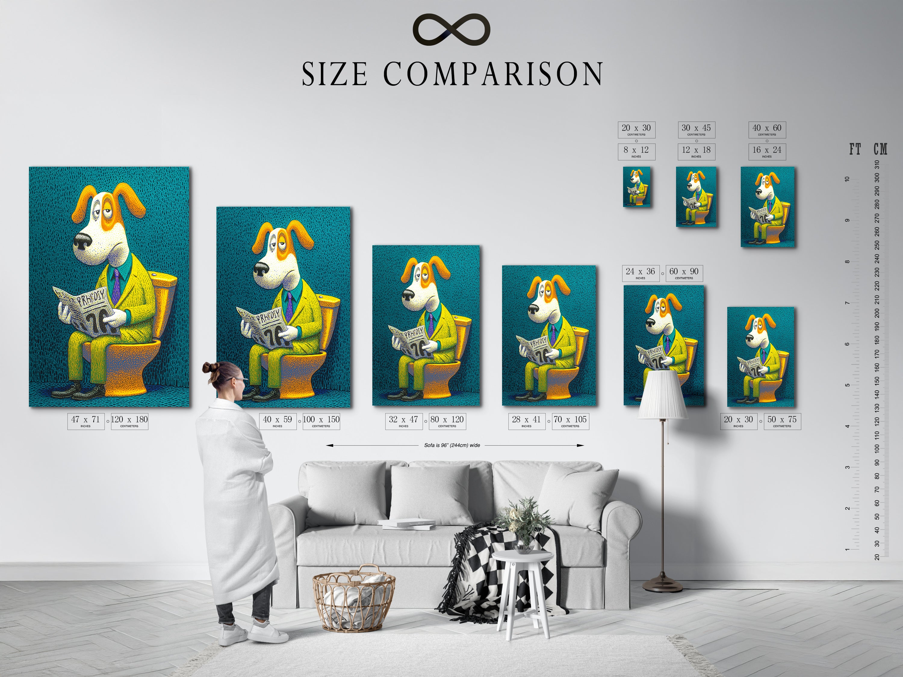 A size comparison chart is displayed in an interior setting. This shows the various sizes available for the 'Dog on Toilet' artwork. Helping you choose the perfect fit for your space. Ensure your artwork fits.