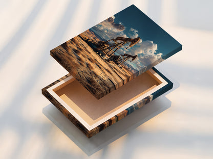 Stretched canvas print featuring an oil field. This desert landscape artwork brings industrial charm. The earth tone decor fits minimalist and rustic styles. Enhance your living room bedroom or office with this print. View the details of our stretched canvas!