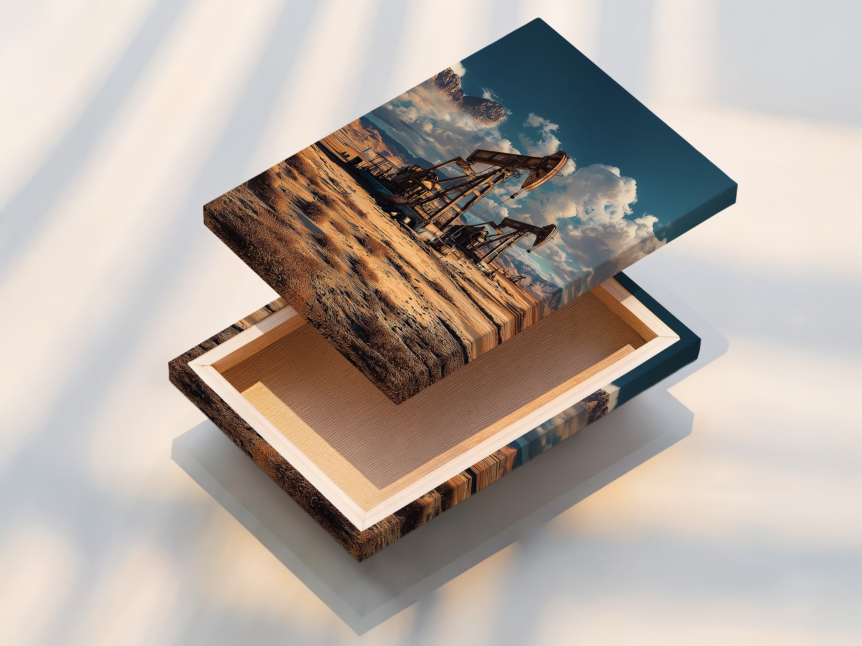 Stretched canvas print of the oil field artwork. The desert landscape brings an industrial touch. This vintage-style canvas is perfect for rustic wall art. Ideal for man cave wall art.