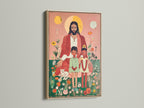 Folk Art Religious Print of Jesus Christ with children. The Christian art print is framed in a natural oak frame. This religious canvas adds a spiritual touch to any room. Ideal for nursery wall art and kids room decor.