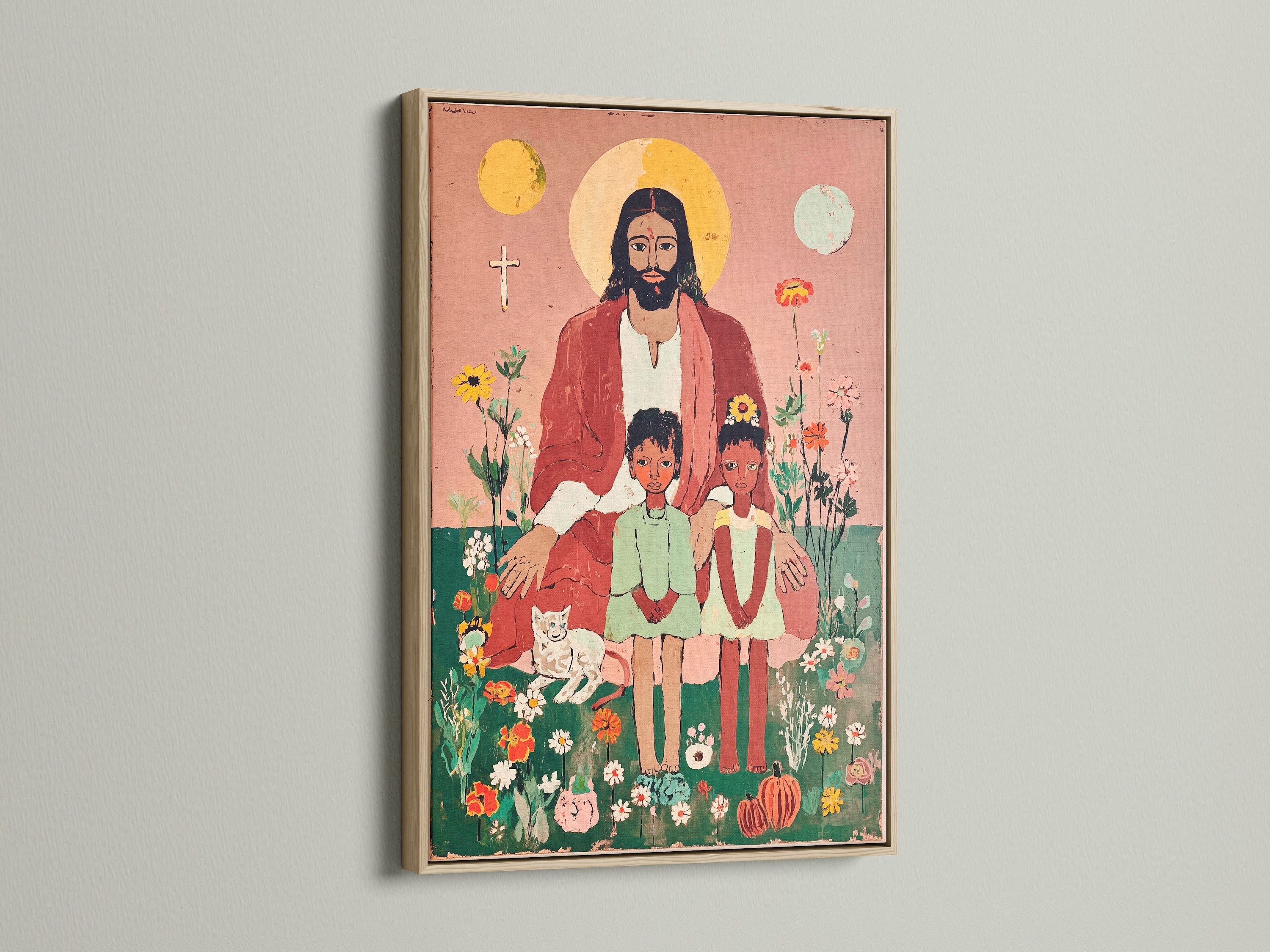 Folk Art Religious Print of Jesus Christ with children. The Christian art print is framed in a natural oak frame. This religious canvas adds a spiritual touch to any room. Ideal for nursery wall art and kids room decor.