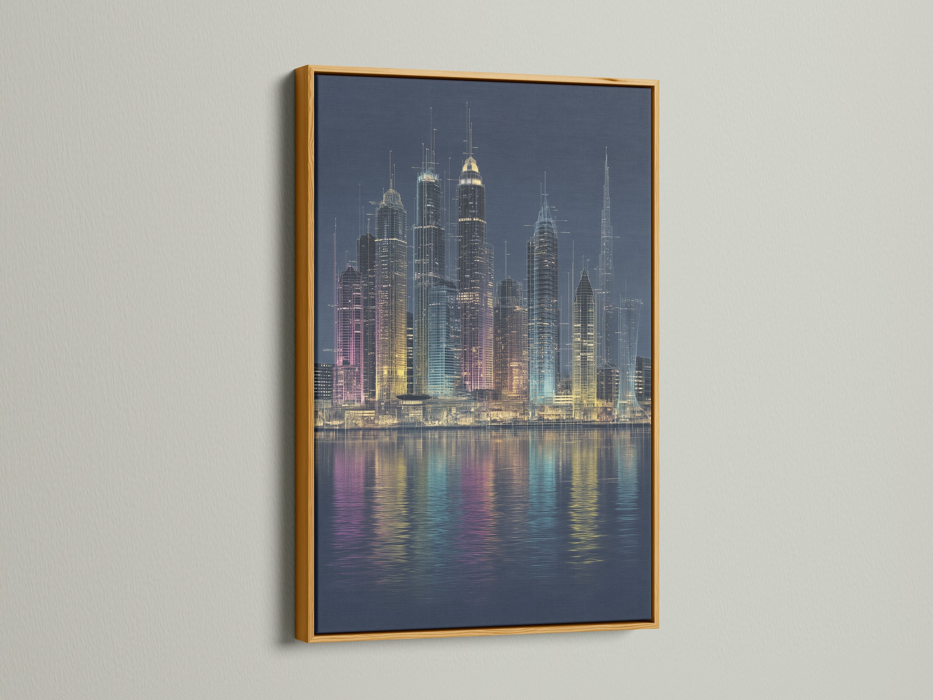 A luxurious gold framed city skyline artwork. This cityscape print features a captivating urban reflection. The gold frame adds a touch of opulence. Perfect for elevating office wall art or living room decor. Transform your space with this modern and elegant metropolitan art. This artwork is ideal for contemporary spaces.