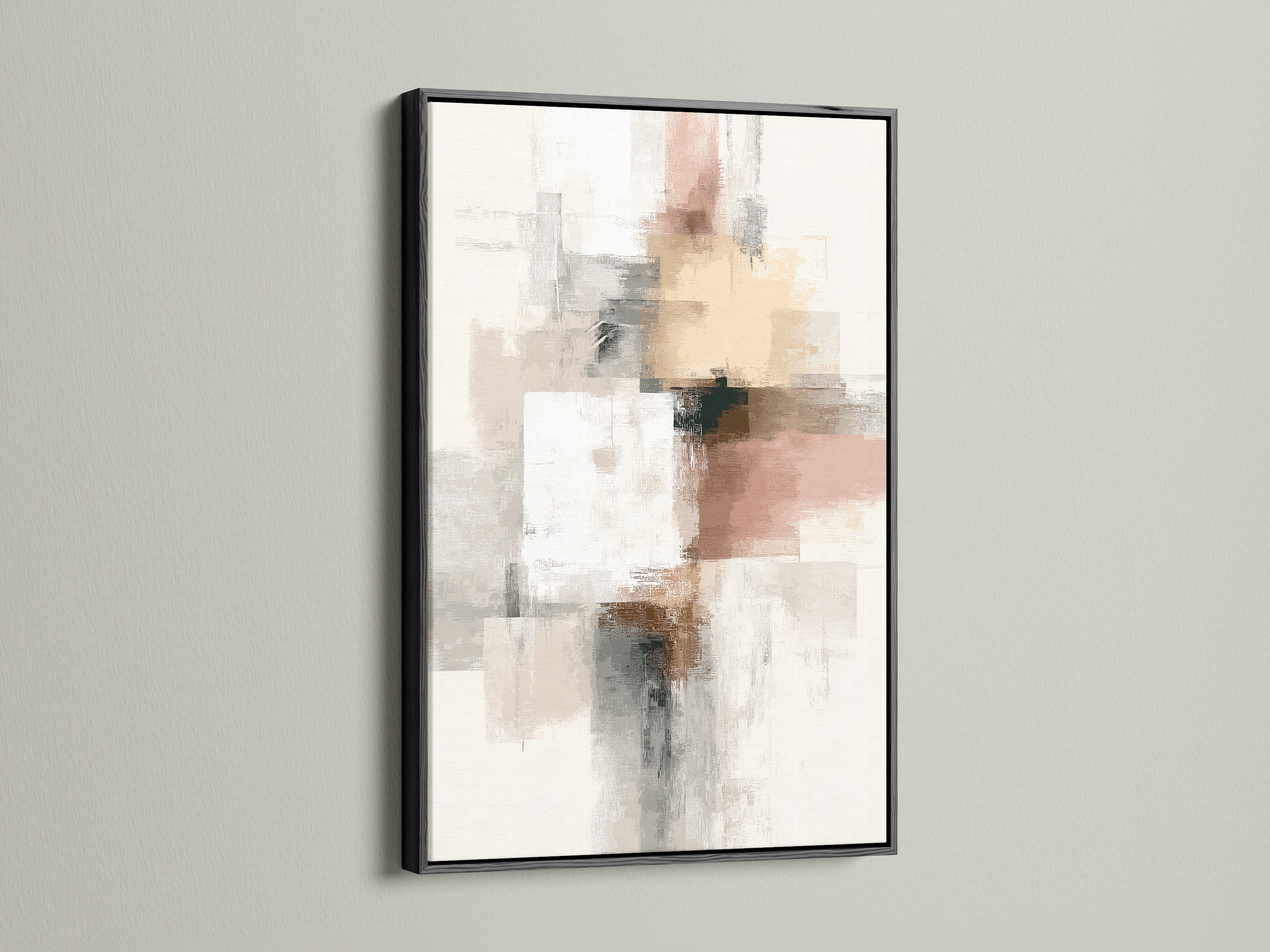 Abstract wall art is displayed in a sleek black frame. The artwork has neutral colors blush pink and gray. It's a modern minimalist print perfect for bedroom wall decor. The contemporary style complements various interiors. It's ideal for living rooms and reading nooks.