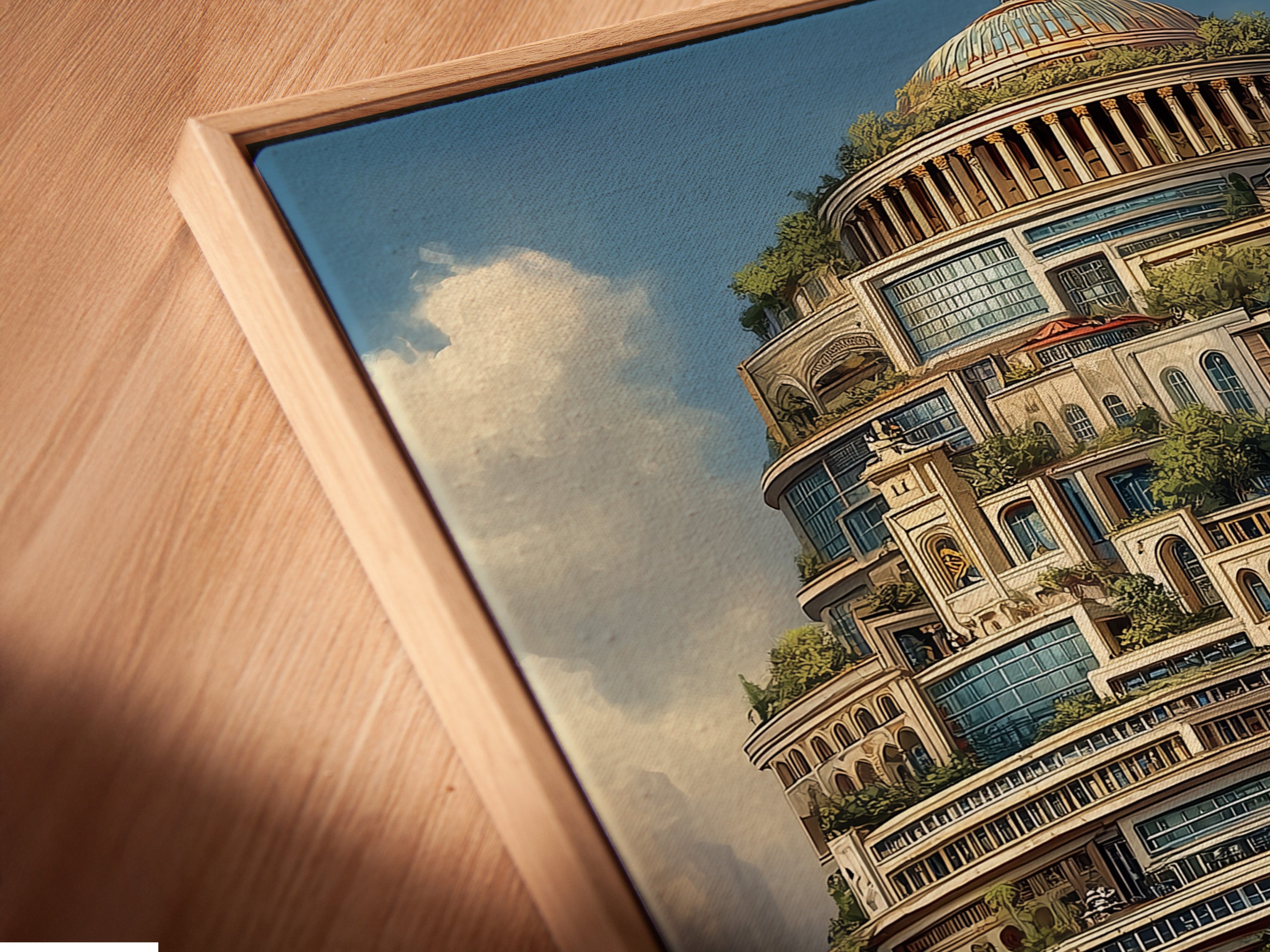 A close-up angled view of a canvas print in a floating frame. The fantasy architecture is beautifully showcased. This surreal tower artwork is ideal for modern decor. Perfect for adding sophistication to any space. The primary color is brown. The secondary color is green.