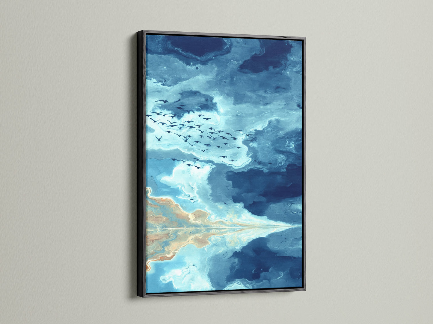 Black frame displays an abstract seascape artwork. This teal art print features birds in flight. Great as living room wall art. The sky painting brings a modern touch. Discover how this coastal artwork enhances rustic or contemporary spaces.