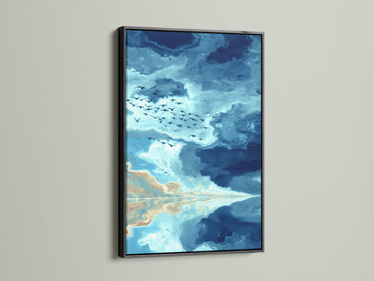 Black frame displays an abstract seascape artwork. This teal art print features birds in flight. Great as living room wall art. The sky painting brings a modern touch. Discover how this coastal artwork enhances rustic or contemporary spaces.