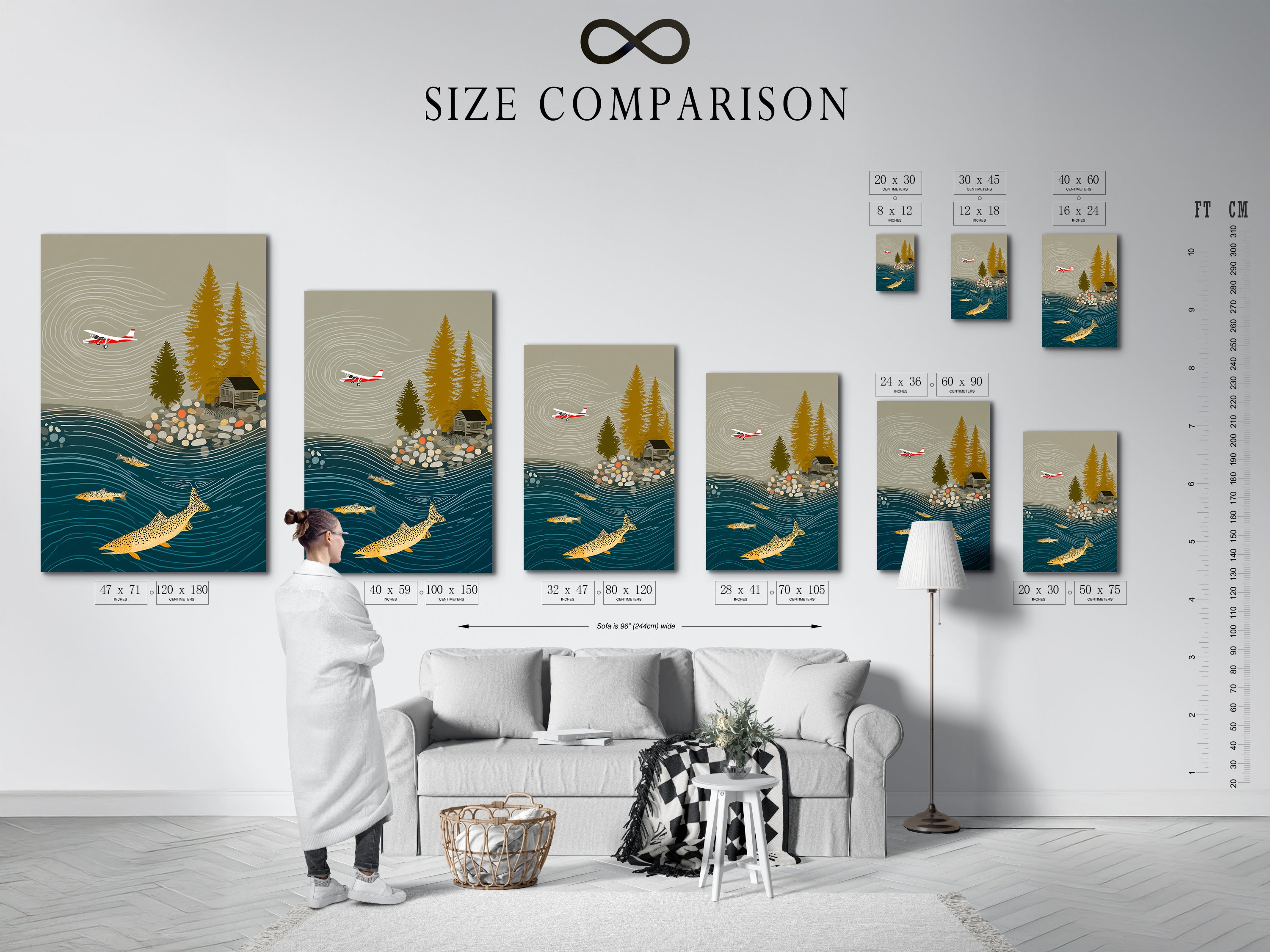 A size comparison chart is displayed in an interior setting. The chart showcases various sizes of fishing landscape artwork. These cabin canvas sizes are perfect for creating airplane prints and vintage decor. Find the right size for your space.