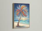 Tropical Palm Tree artwork in an oak frame. The natural wood complements the colorful artwork. This bohemian beach wall art enhances living rooms bedrooms and vacation rentals. Bring the ocean's beauty inside.