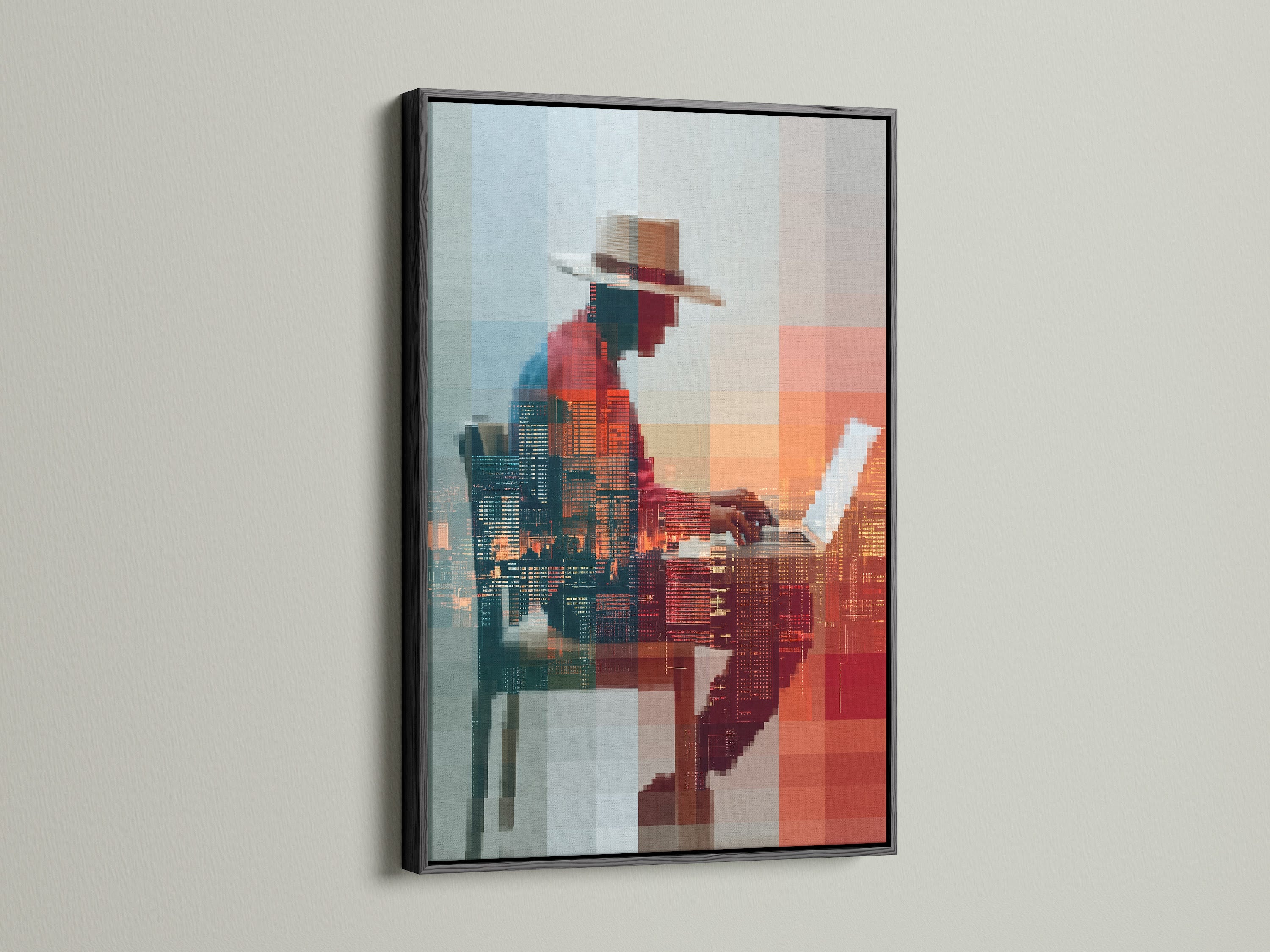 Black frame showcases a unique digital art portrait. The abstract pixelated figure creates a contemporary look. This glitch art is a great addition to modern office walls. The canvas print adds sophistication.