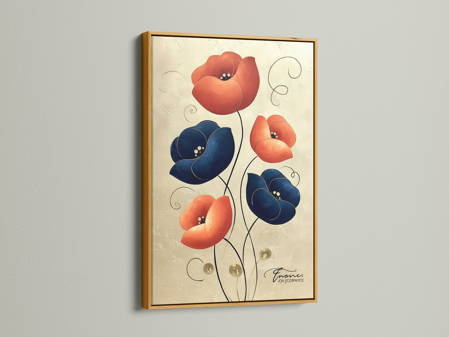 Floral canvas art print with a gold frame. The artwork features bold navy blue and coral flowers. The gold frame adds a luxurious touch to this modern botanical print. Ideal for studios lobbies clinics and boutiques.