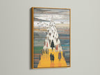 The abstract figures art shines in a gold frame. This modern canvas print adds a touch of elegance. Ideal for studios lobbies and conference rooms. The yellow orange art brings warmth to any space. A perfect contemporary print.