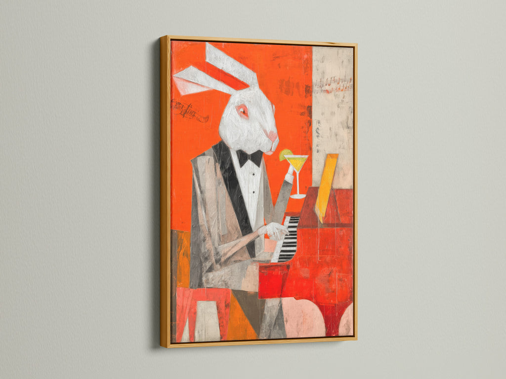 The rabbit pianist canvas print is elegantly displayed in a gold frame. This artwork is perfect for adding a touch of sophistication to any room. This whimsical canvas art is ideal for music lovers and art enthusiasts. Bring this unique piece home today.