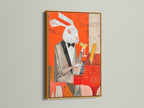 The rabbit pianist canvas print is elegantly displayed in a gold frame. This artwork is perfect for adding a touch of sophistication to any room. This whimsical canvas art is ideal for music lovers and art enthusiasts. Bring this unique piece home today.