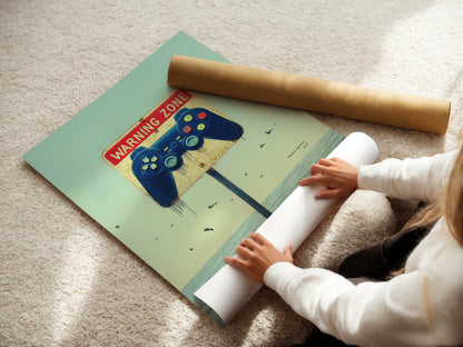 A woman is rolling a Gaming Zone fine art poster paper. The gamer wall art is high-quality. This gaming print is durable. It makes cool teen boy decor. The game room art is a great gift for gamers.
