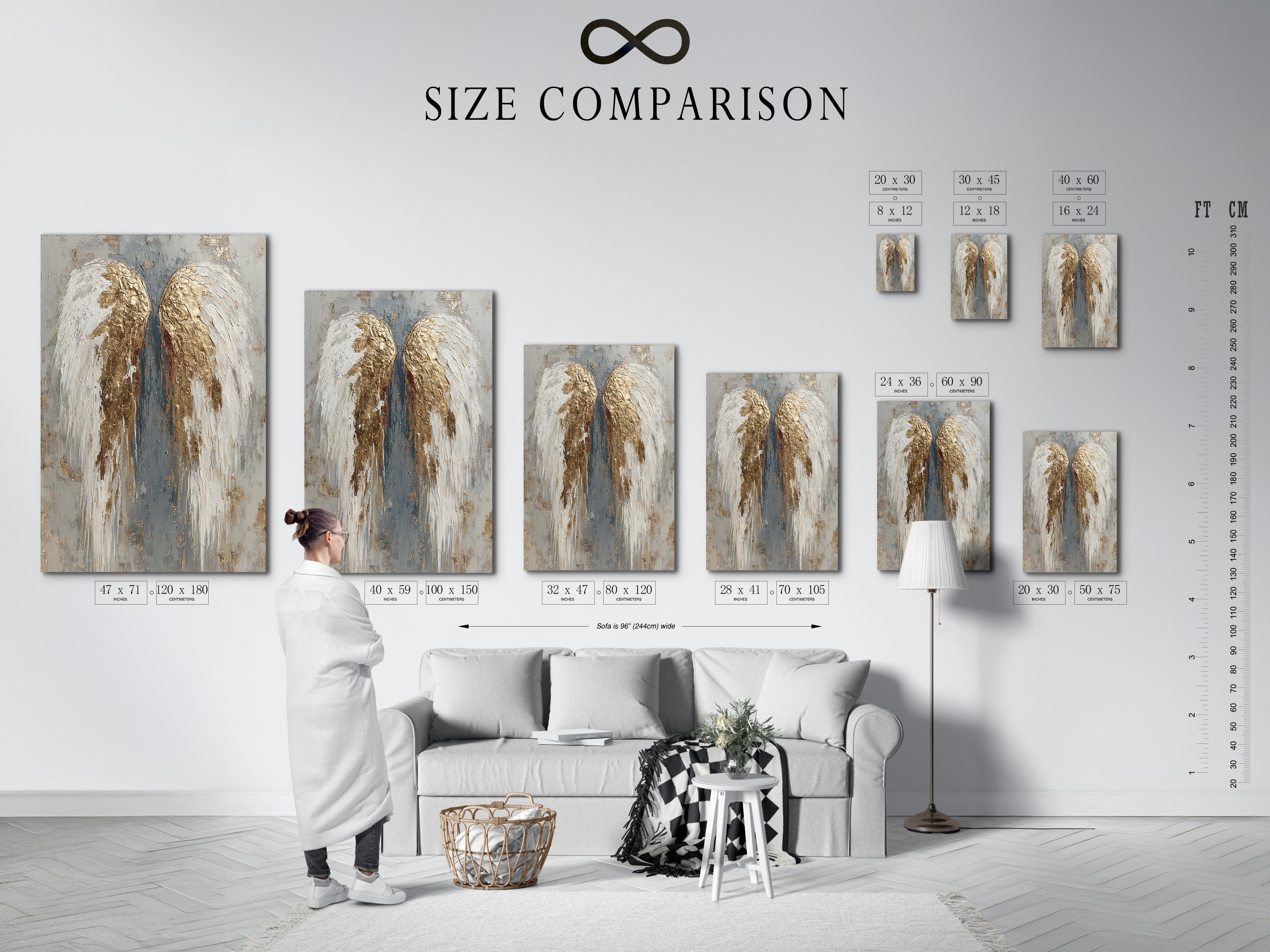 A size comparison chart is displayed in an interior setting. The chart showcases various artwork sizes. It helps visualize how different sizes will look in your space. This ensures you choose the perfect size for your needs.