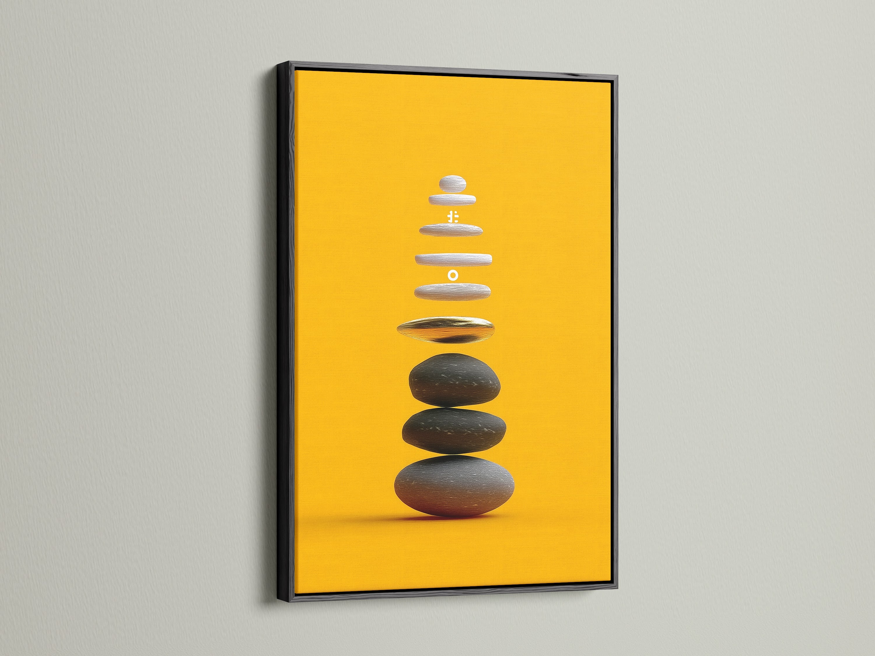 Zen Stone Canvas Print in a Black Frame. This striking artwork brings a sense of balance and calm. The black frame adds a contemporary touch to the zen wall art. Ideal for meditation rooms and spas.