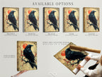 Available options for the raven artwork including stretched canvas print fine art poster paper and floating frame. The Japanese art wall decor features a bird on a cherry blossom branch. Perfect as zen wall art.