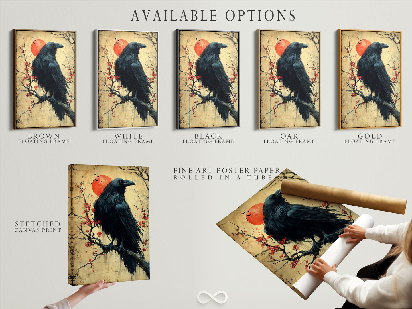 Available options for the raven artwork including stretched canvas print fine art poster paper and floating frame. The Japanese art wall decor features a bird on a cherry blossom branch. Perfect as zen wall art.
