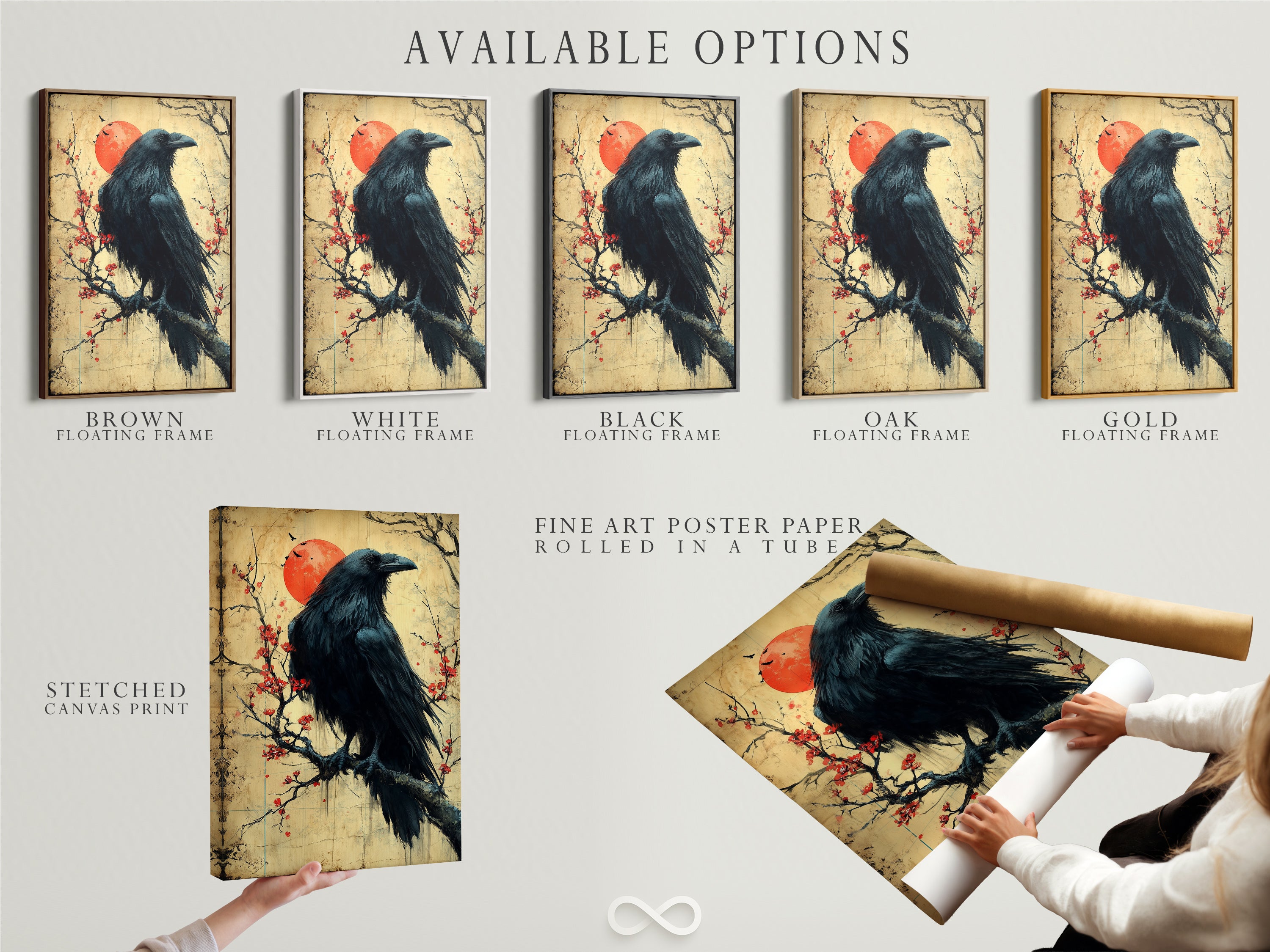 Available options for the raven artwork including stretched canvas print fine art poster paper and floating frame. The Japanese art wall decor features a bird on a cherry blossom branch. Perfect as zen wall art.