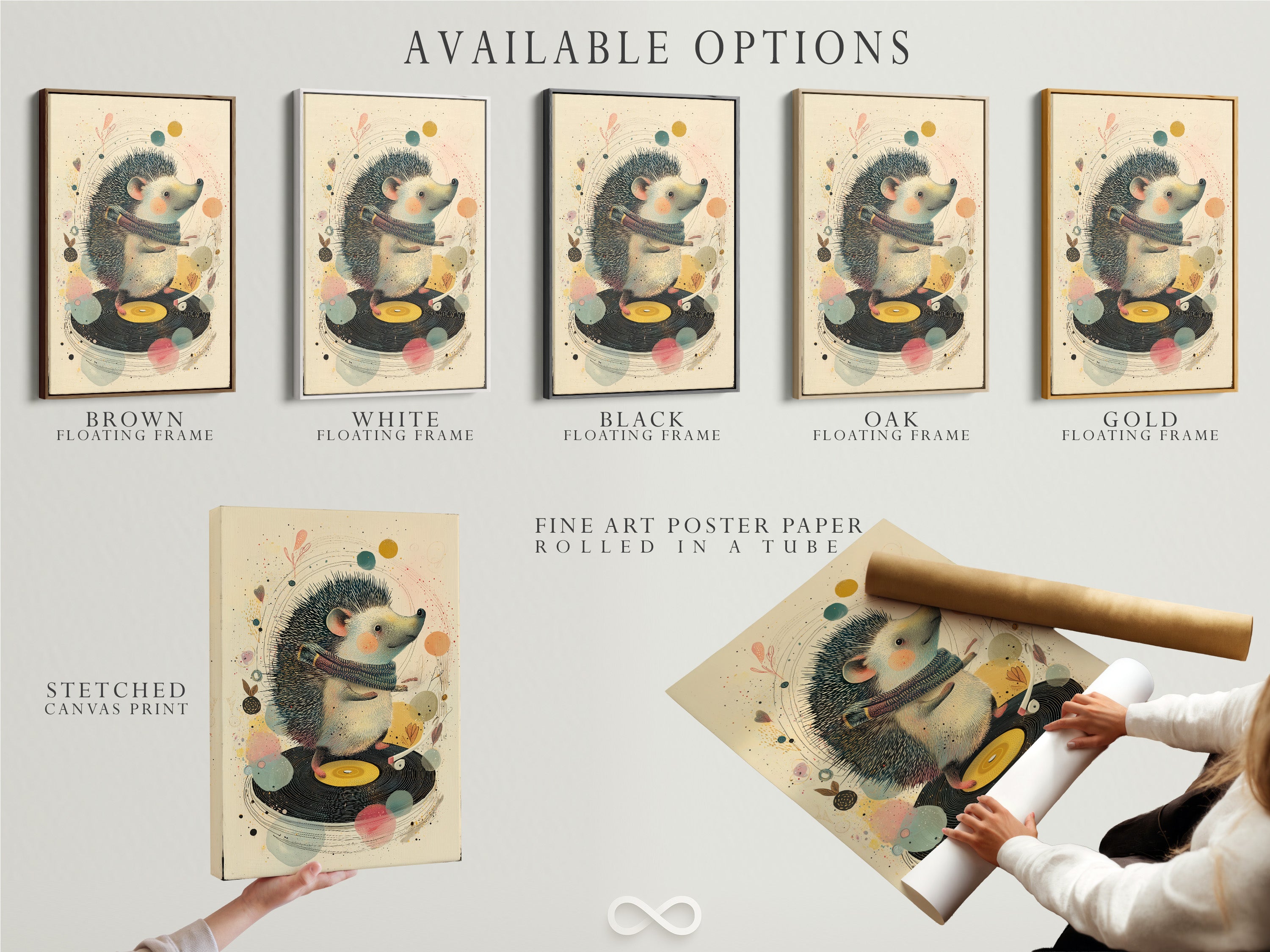 Available options are showcased. Stretched canvas print fine art poster paper and floating frame. Explore various display options for your artwork. Choose the perfect medium and frame for your art. Customize your artwork to suit your style.