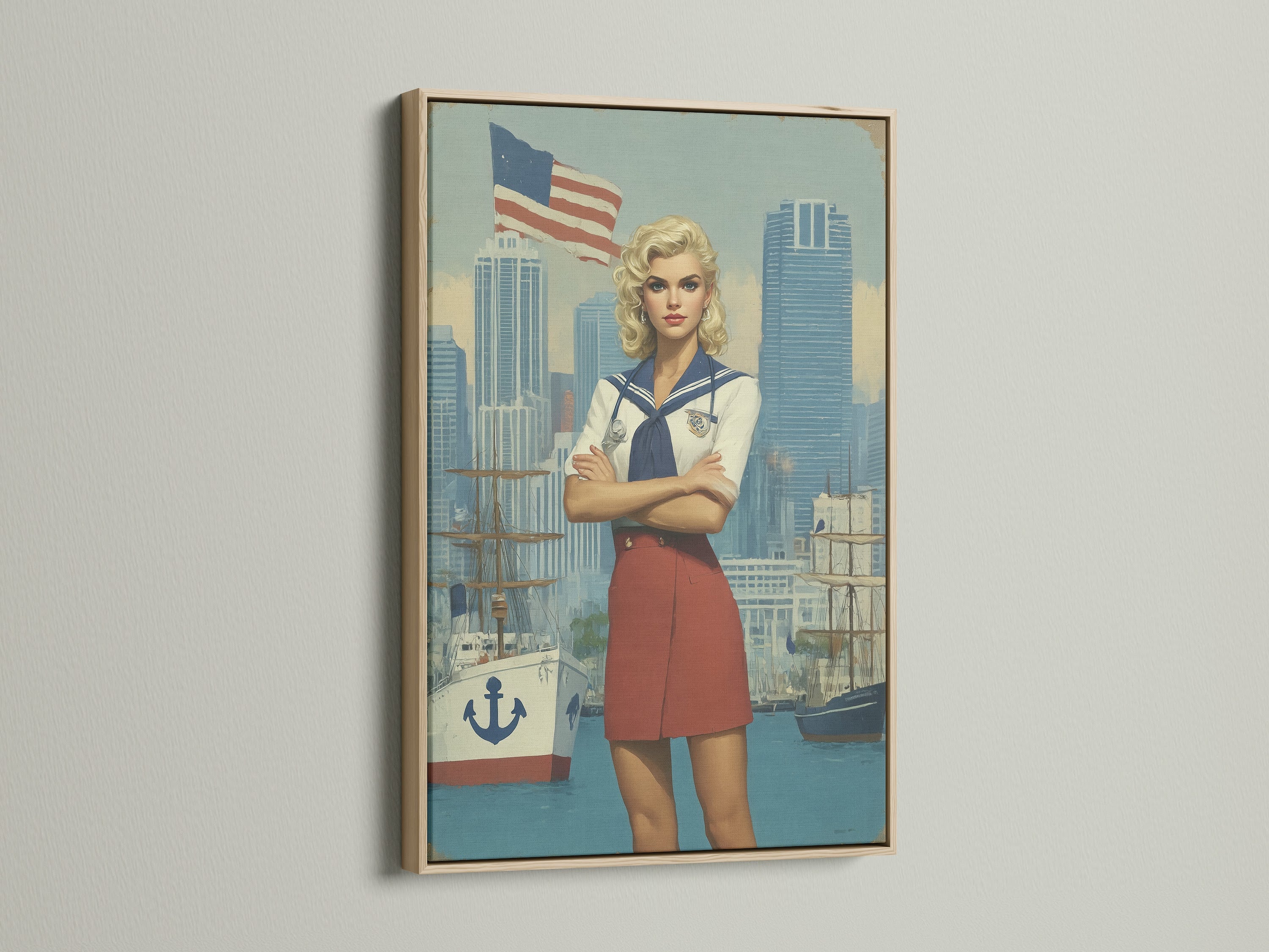 Retro Sailor Girl artwork in an oak frame. Nautical Americana art adds a vintage touch. Perfect for themed restaurants man caves and office spaces. Enhance your space with this retro print.