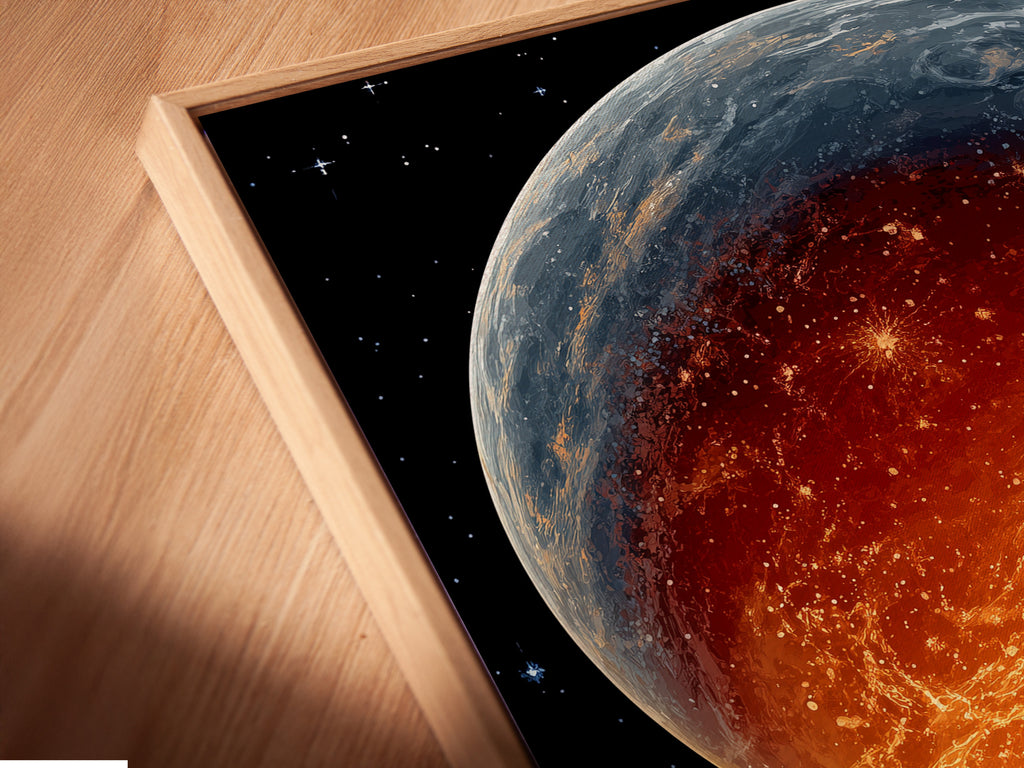 A close up angled view reveals a canvas print in a floating frame. The artwork showcases a space shuttle launch. The floating frame enhances the modern aesthetic. This retro sci-fi wall art is perfect for adding a unique touch to your home decor.