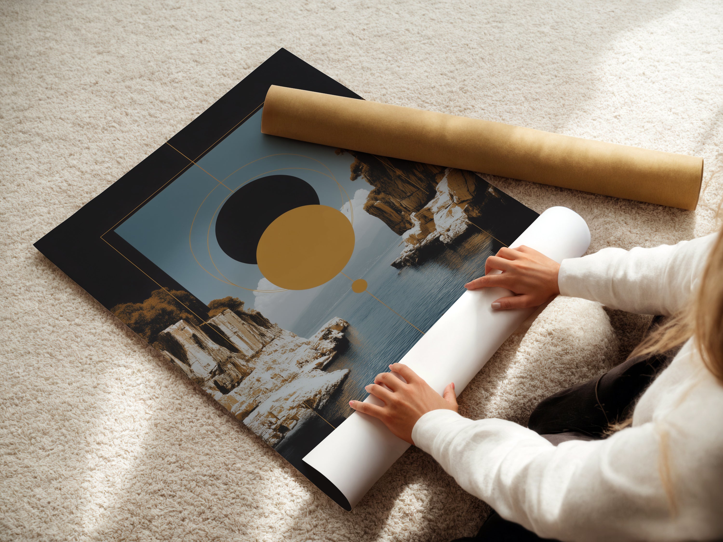 A woman carefully rolling a fine art poster paper of a Geometric Seascape artwork. This abstract coastal print features modern earth tones. The fine art paper ensures high-quality reproduction. Perfect for art enthusiasts and collectors seeking sophisticated wall decor.