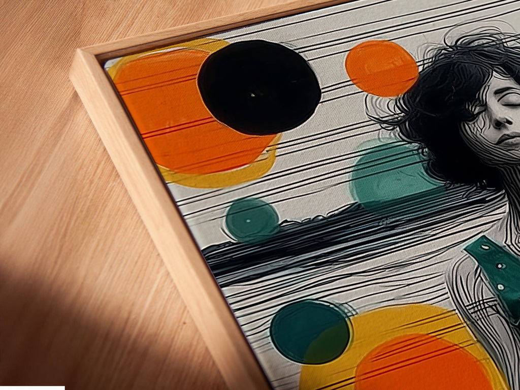 Close-up of a Canvas Print in Floating Frame. The meditation woman art makes a stunning addition to any home. This teal and orange abstract art is perfect for creating a calming atmosphere and zen.