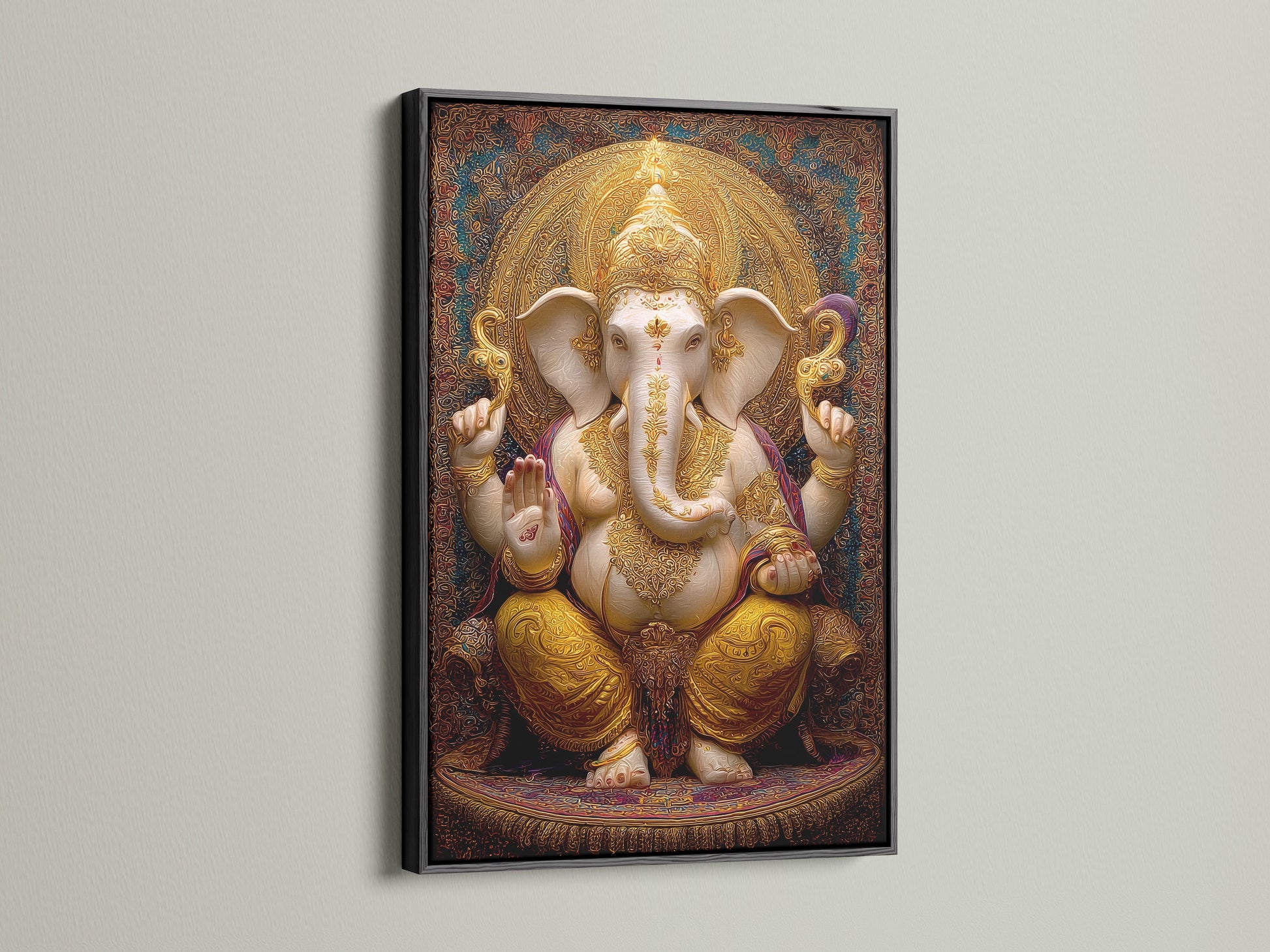 Black frame displaying artwork. The artwork is framed in a sleek black frame. The black frame contrasts with the wall. This makes the artwork pop. A bold and stylish choice for your home or office decor.