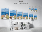 Size comparison chart featuring a Tuscan Landscape artwork in an interior setting. See how different sizes of this rolling hills art look in a room. Perfect for visualizing how this farmhouse scenery will fit in your home. Choose the ideal size for your landscape canvas. Enhance your home decor.