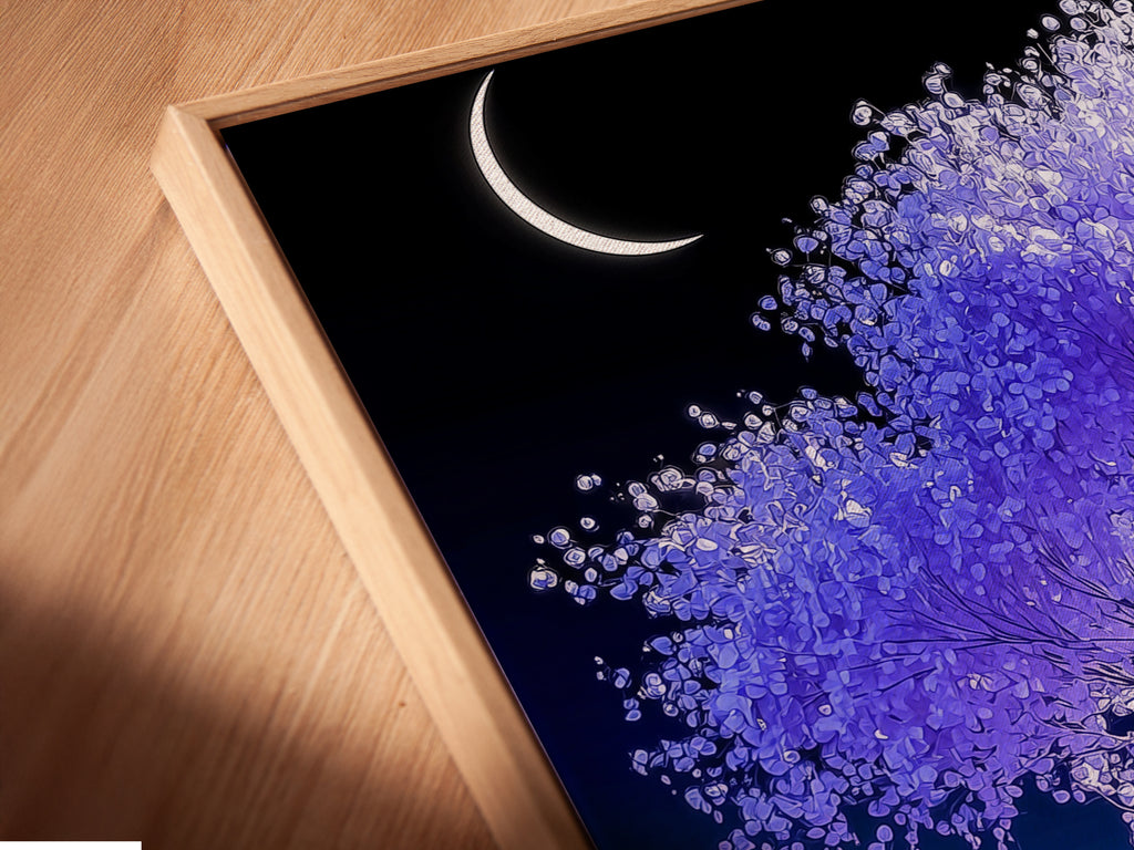 A close-up angled view reveals the texture of a canvas print within a floating frame. The lavender tree artwork showcases intricate details. The pastel landscape brings a sense of peace. Perfect as dreamy wall decor and ideal for adding a modern touch. Calming art print.