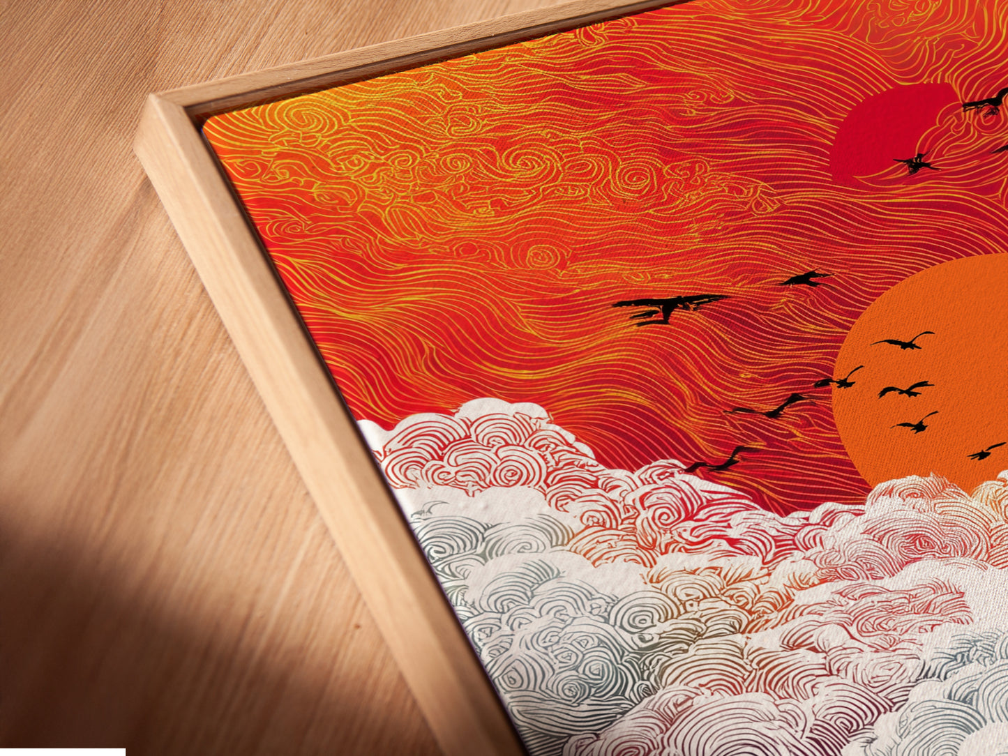 A close-up angled view of the Sunrise Mountain canvas print in a floating frame. The abstract landscape artwork enhances any space. The bohemian decor style complements any room. The mountain art captures a serene sunrise print. The forest wall art brings nature indoors. The orange art print is a stunning addition.