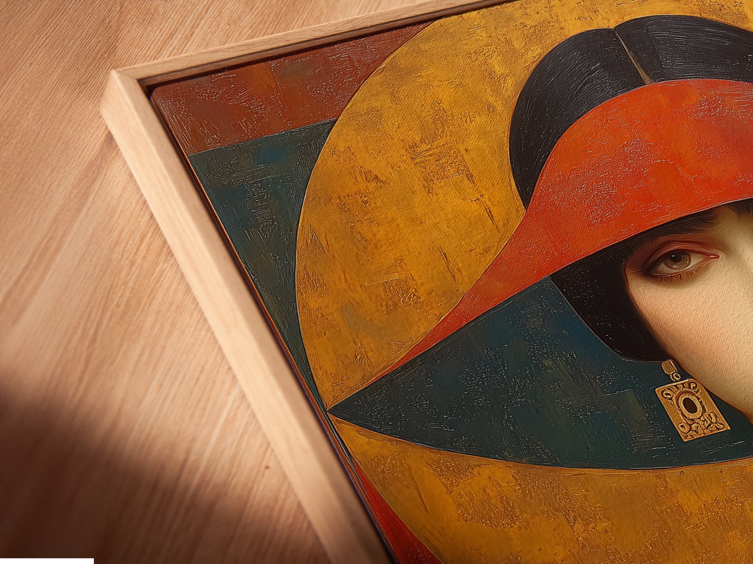 Angled close up of a canvas print in a floating frame. The art deco woman portrait is vintage fashion canvas art. The retro geometric wall art enhances any room. This fine art print is perfect for bedroom decor. It is a stylish addition.