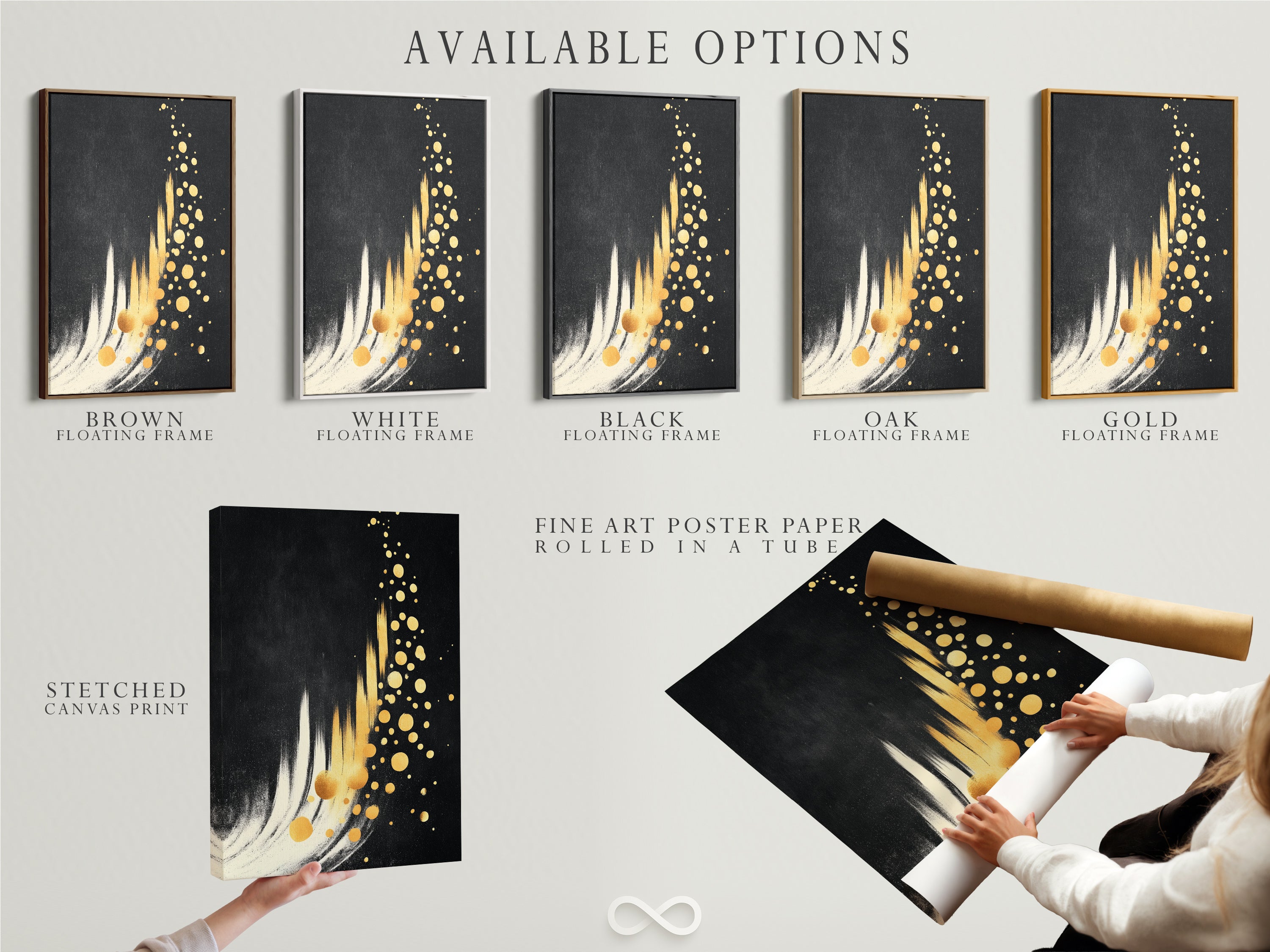 Available options include a stretched canvas print. Fine art poster paper and a floating frame are also present. Customize your black and gold wall art. Select the perfect format for your modern home art needs. Elevate your decor today.