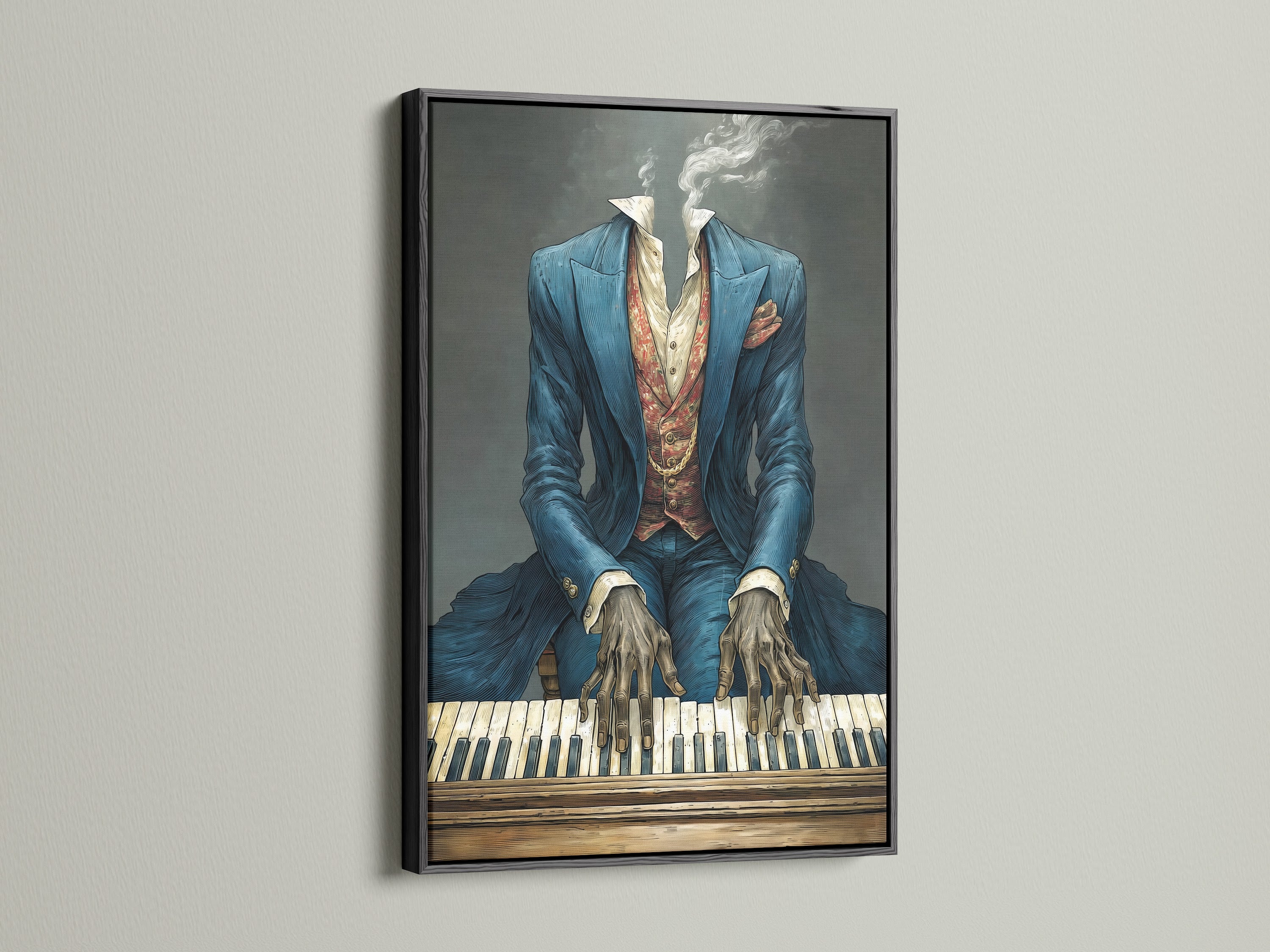 Vintage pianist in black frame.