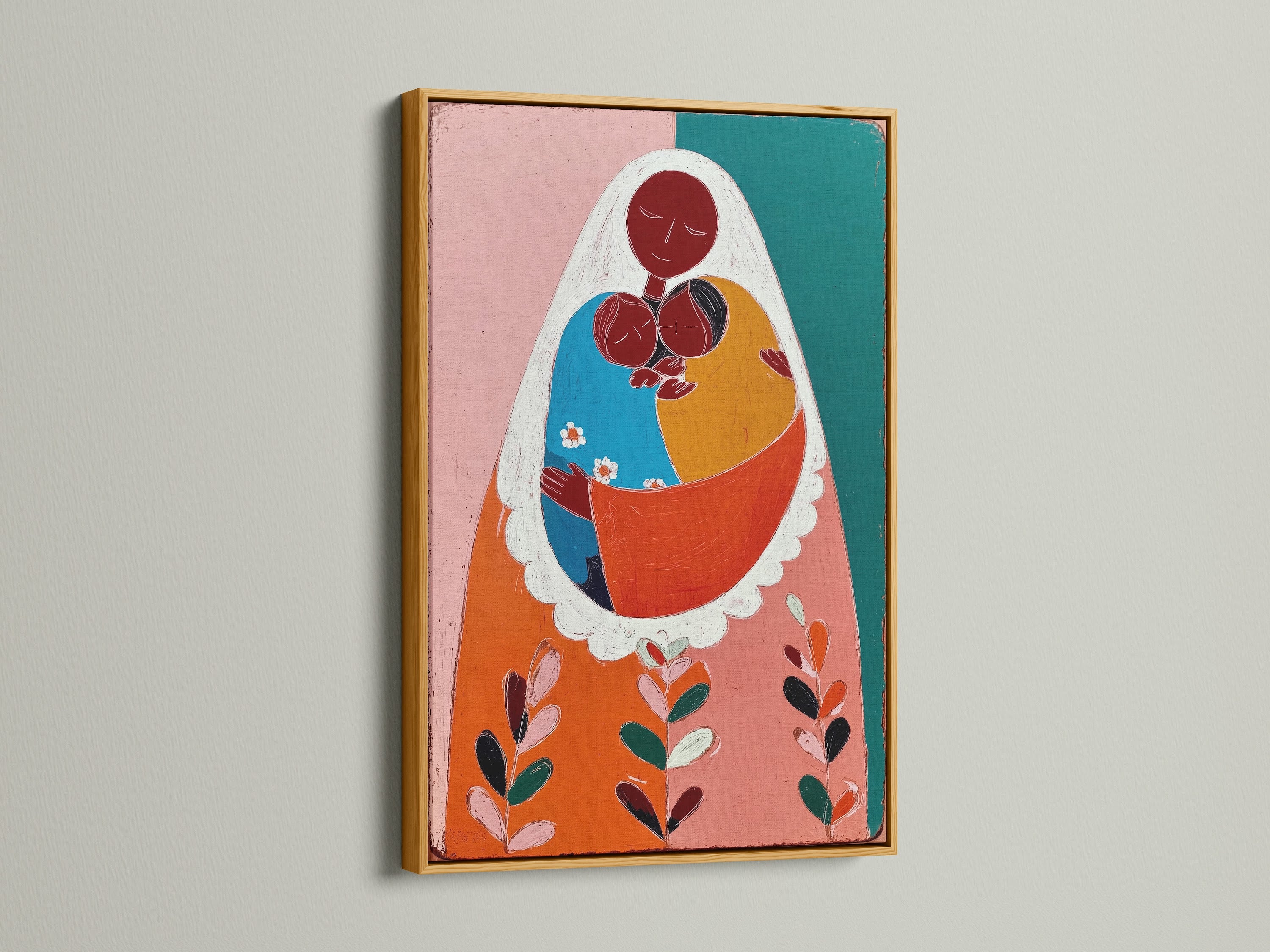 A stunning gold frame enhancing a painting of a mother and two children. The gold frame adds a touch of luxury. The art is displayed on a white wall. Transform your artwork into a statement piece with our gold frame option.