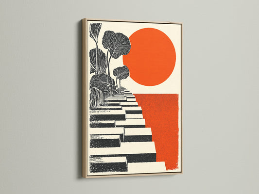 Botanical Stairway canvas print with an orange sun in an oak frame. The mid-century style artwork enhances living rooms bedrooms and offices. The geometric print and abstract elements make it a modern home art choice. This nature wall art brings a vibrant touch.