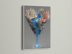 The white frame highlights a surreal city waterfall artwork. The floating island canvas print is perfect for contemporary decor. This urban wall art complements a minimalist aesthetic. The architectural art piece brings a touch of fantasy. The blue waterfall print adds a calming presence to any room.