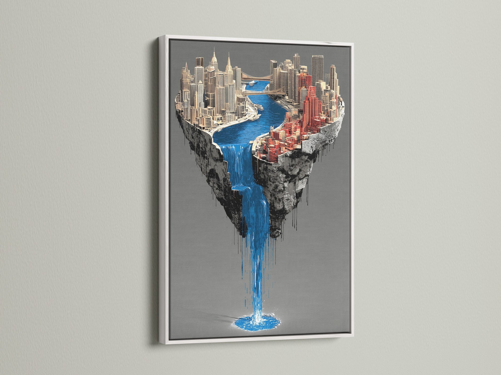 The white frame highlights a surreal city waterfall artwork. The floating island canvas print is perfect for contemporary decor. This urban wall art complements a minimalist aesthetic. The architectural art piece brings a touch of fantasy. The blue waterfall print adds a calming presence to any room.